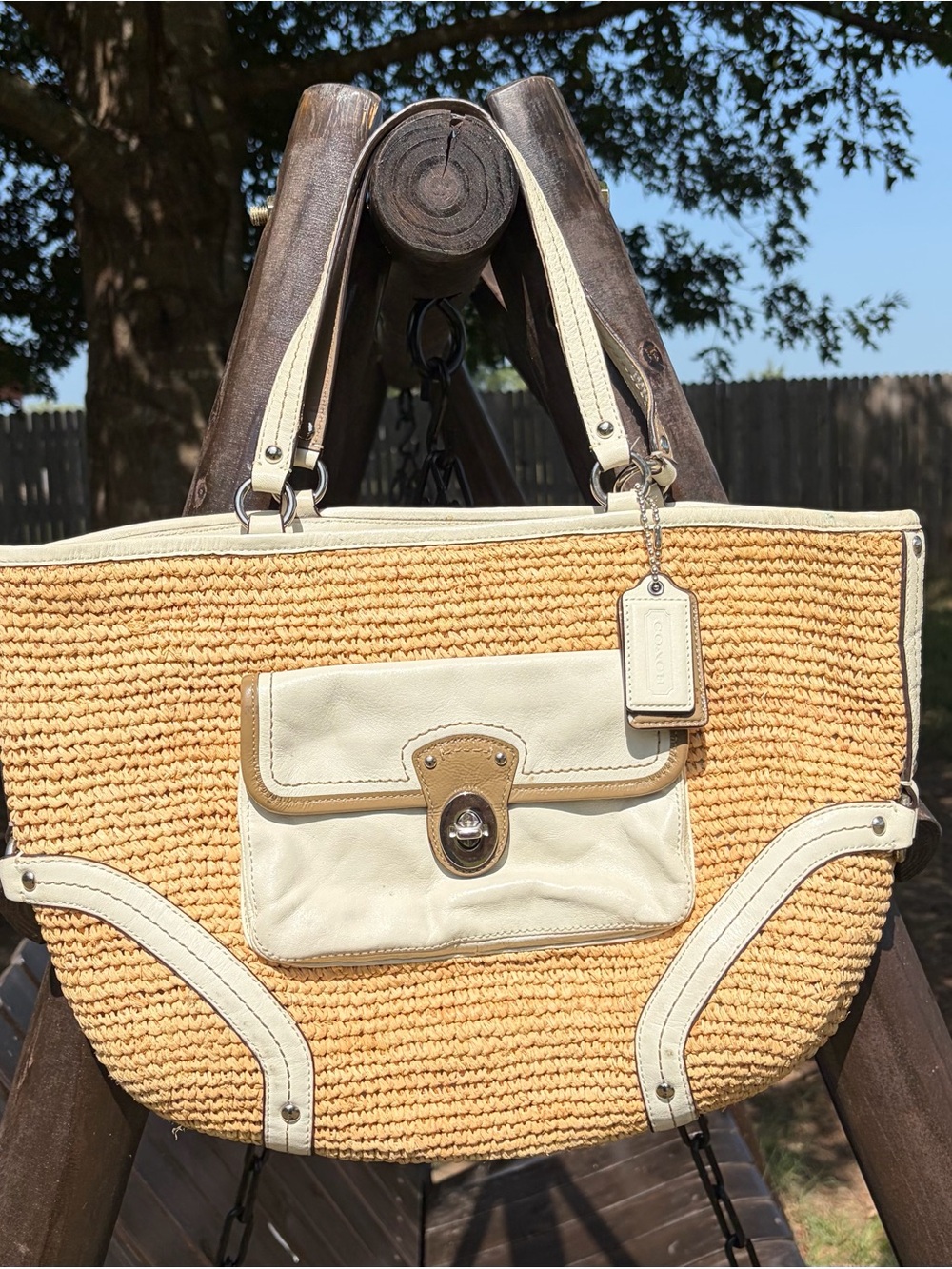 Coach Natural Straw Tote with Cream Leather Trim